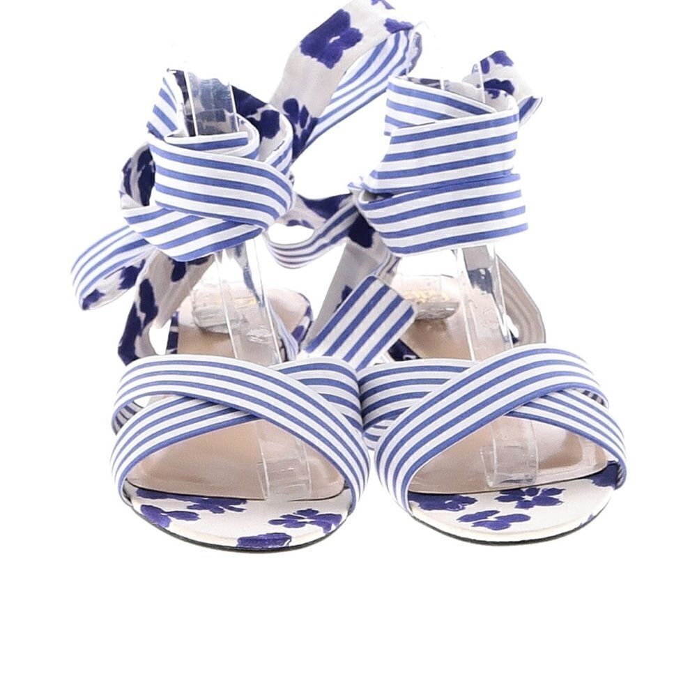 Cabi fabric lace up navy blue and white stripes and floral pattern sandals.